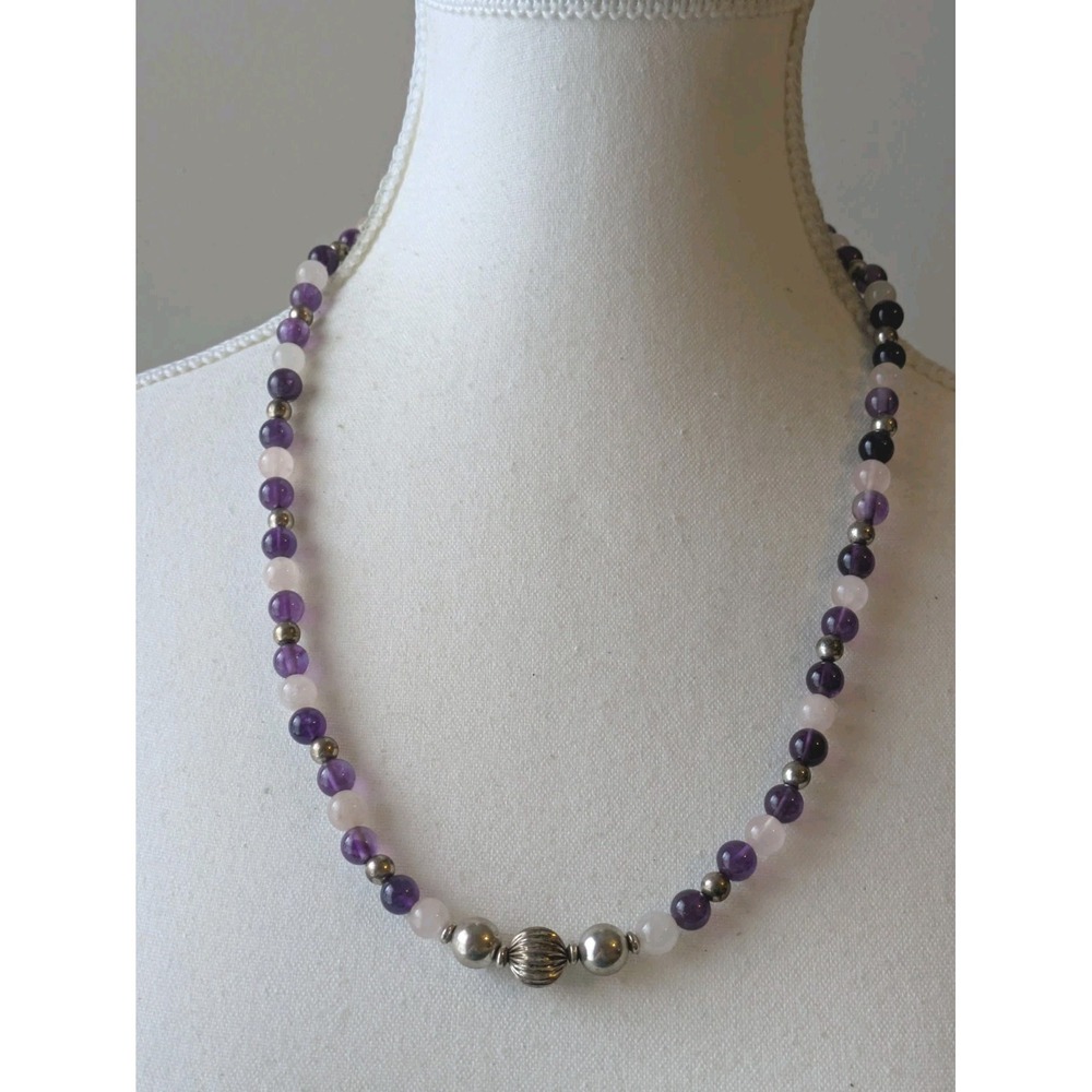 Vintage‎ Glass Beaded Necklace Pink Purple Silver Tone Romantic Boho 18"